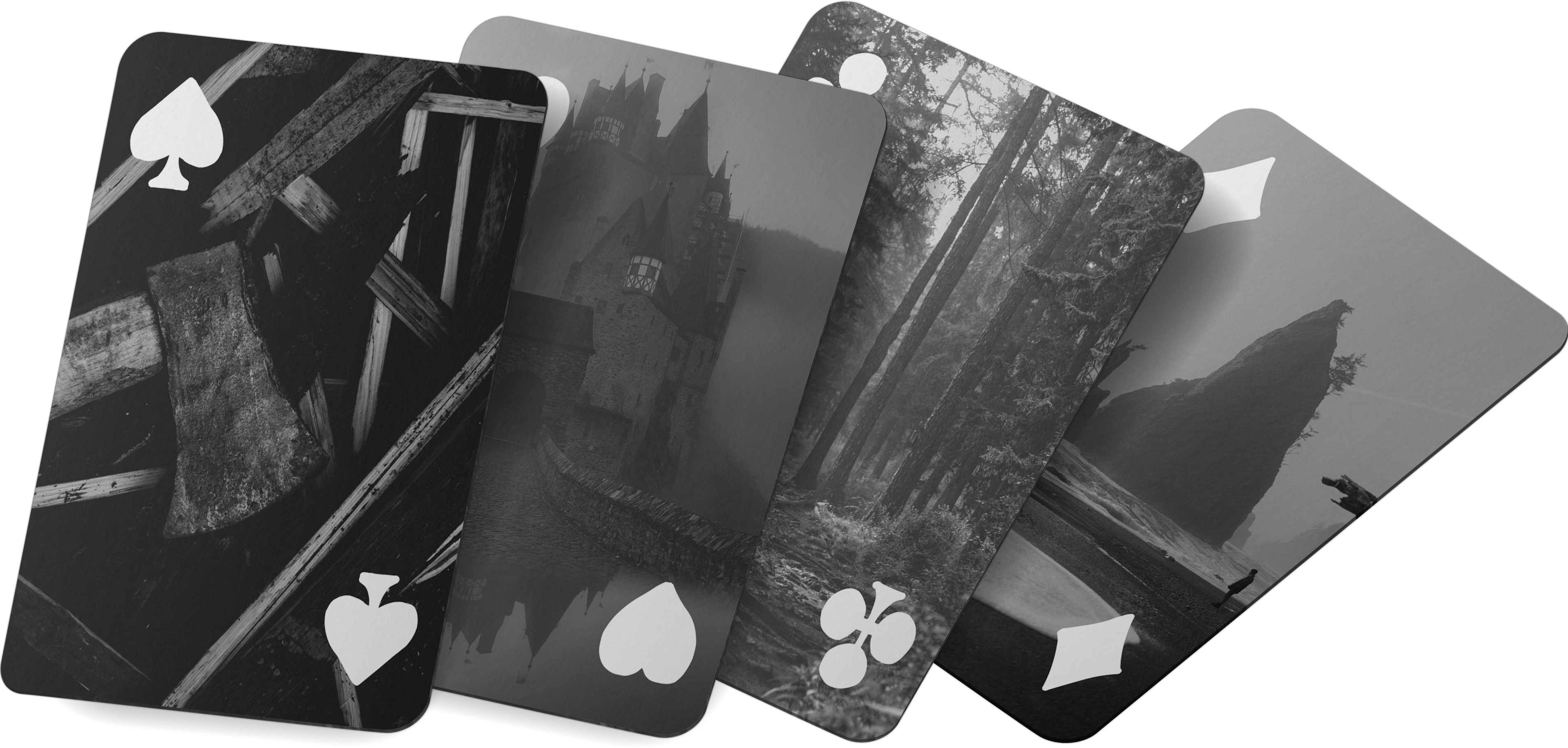 Four Cards Each Showing A Single Suit - Monochrome (3813x1818), Png Download