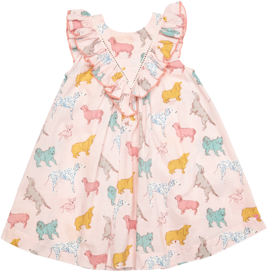 Girls Light Pink A-line Dress With Dog Print - Dress (600x600), Png Download