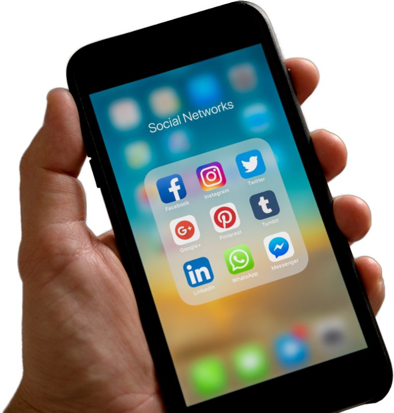 Hand Holding Mobile Phone Social Media App Icons Facebook - Social Media (800x833), Png Download