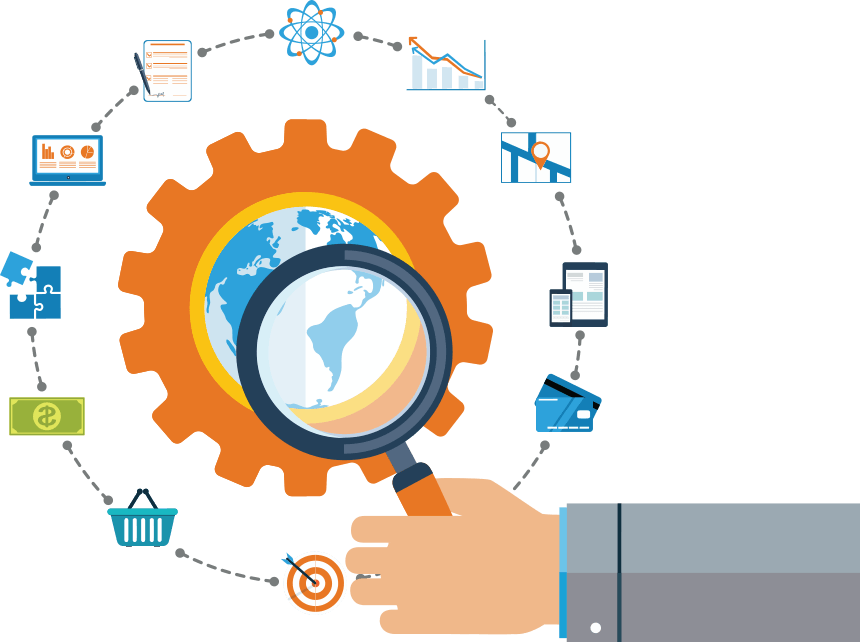 Hand With Magnifier Around Business Icons - Kar Industrial Logo (860x642), Png Download