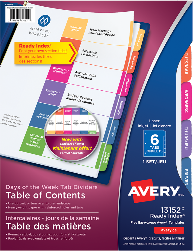 Avery® Ready Index® Table Of Contents Dividers Coloured - Avery 11135 (850x850), Png Download