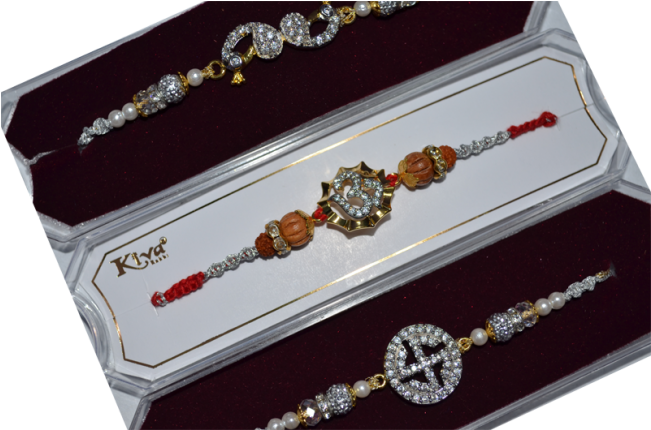 Om Sandalwood Rakhi With Silver Designer & Silver Swastik - Box (650x489), Png Download