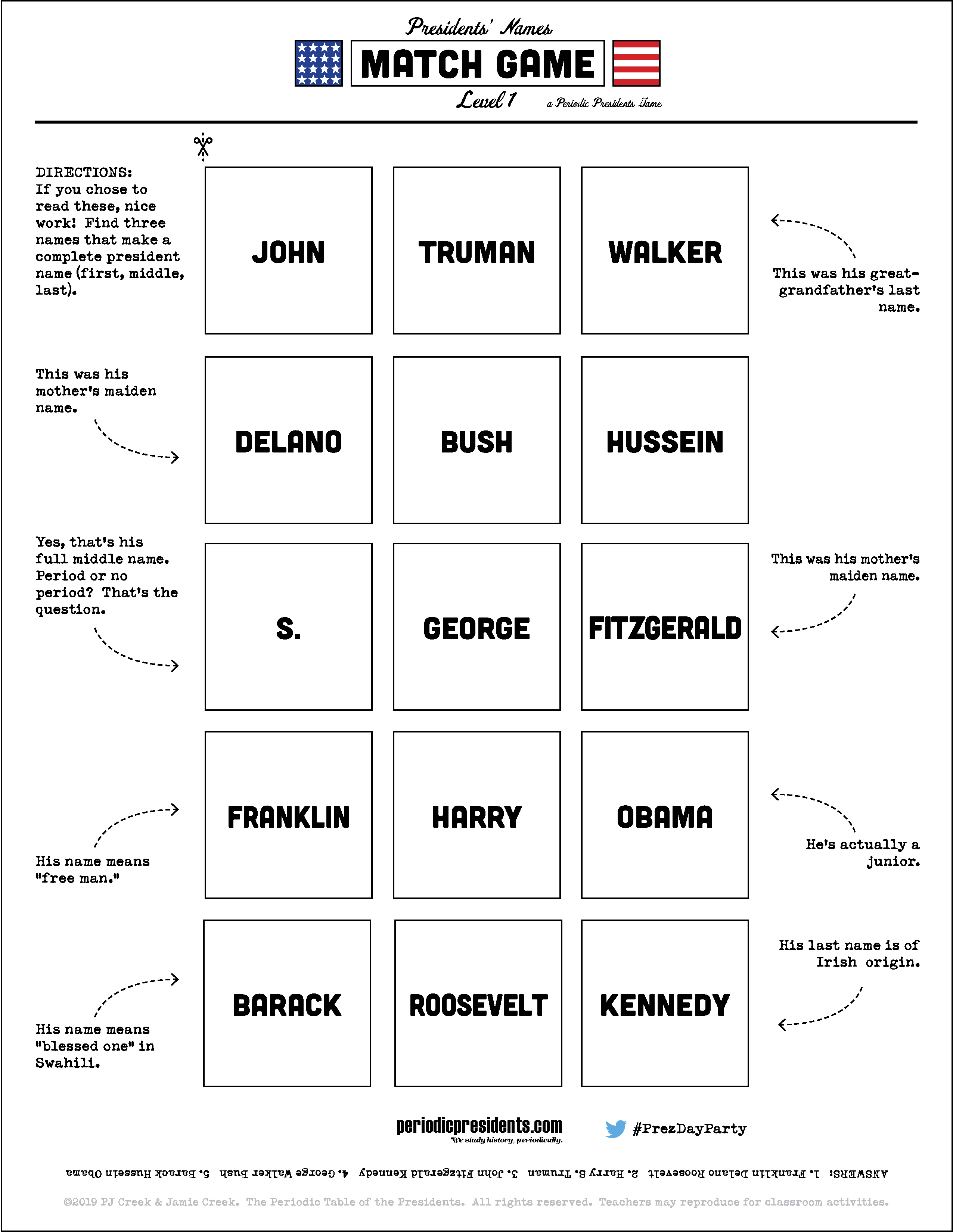 Presidents' Names Match Game - Number (2552x3300), Png Download