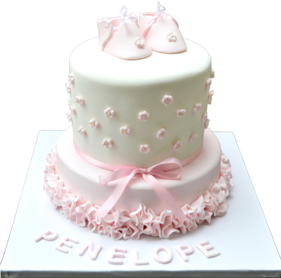 Baby Shower Cake - 2 Tier Baby Shower Cake Girl (579x600), Png Download