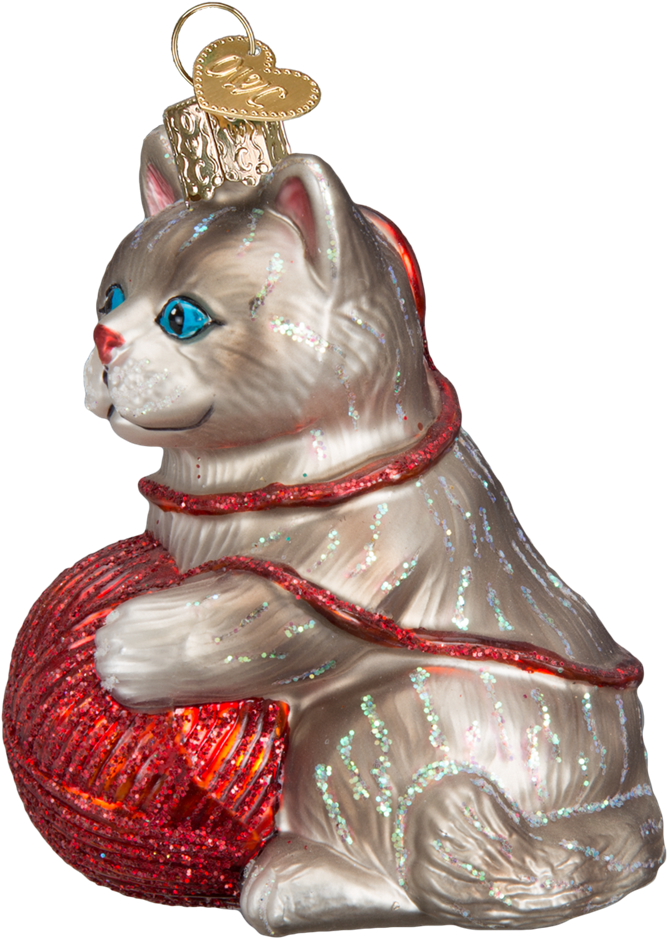 Glass Kitten Ornament With Ball Of Yarn - Tabby Cat (1000x1000), Png Download