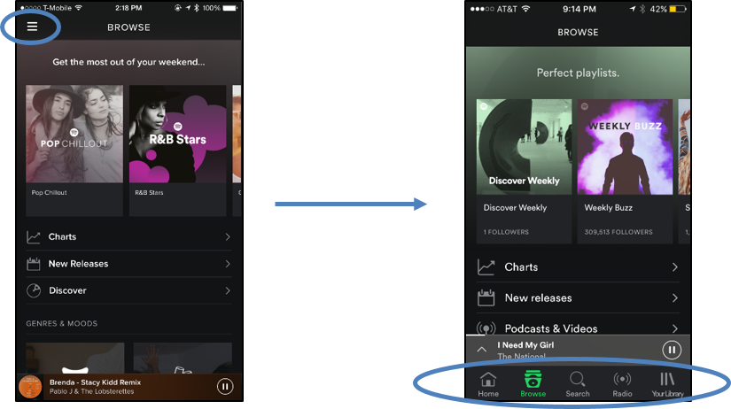 An Exposed Menu, As Seen In The Latest Spotify App, - Apps With Hamburger Menu (825x462), Png Download