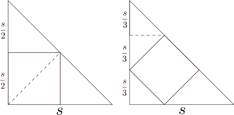The Diagram At Right Shows The Two Ways To Inscribe - Square Is Inscribed In An Isosceles Right Triangle (838x427), Png Download