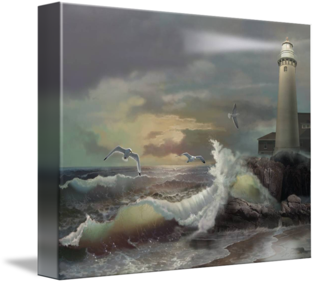 And Sea By Gina Femrite Framed - Light House Storm Painting (650x583), Png Download