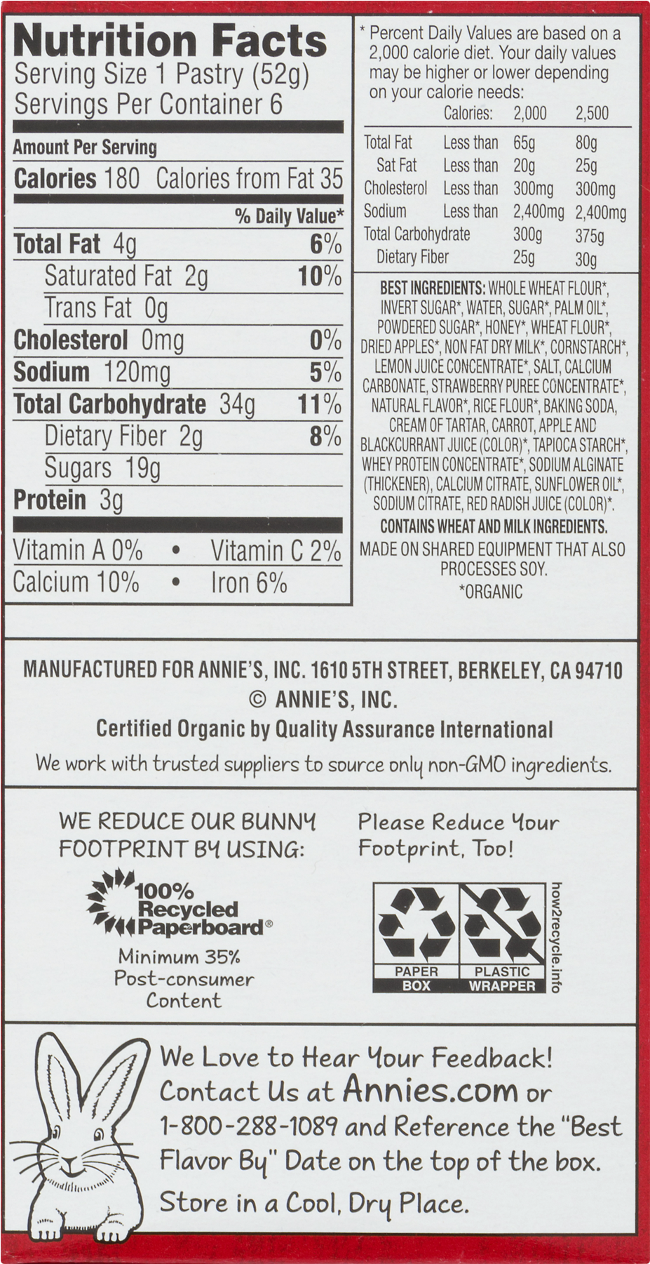 Annie's Organic Toaster Pastries Strawberry With Frosting - Nutrition Facts (1800x1800), Png Download