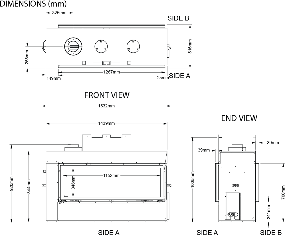 Regency Greenfire Gf1500lst See-through Gas Fireplace - Technical Drawing (1200x900), Png Download