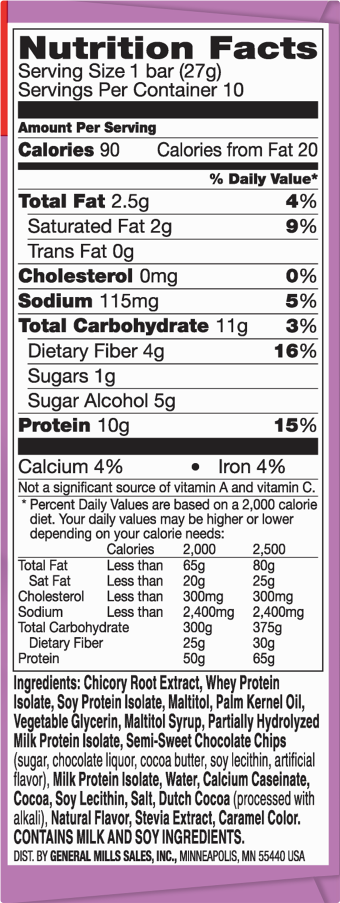Protein One 90 Calorie Chocolate Chip Bars 10 Ct Value - Protein One Bars Nutrition (1800x1800), Png Download