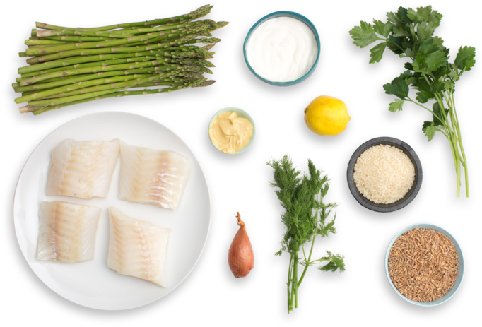 Panko-crusted Cod With Roasted Asparagus & Creamy Farro - Coriander (700x477), Png Download