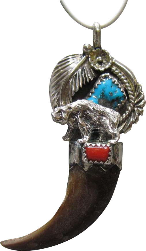 Navajo Sterling, Turquoise, Coral & Bear Claw Pendant - Locket (869x869), Png Download