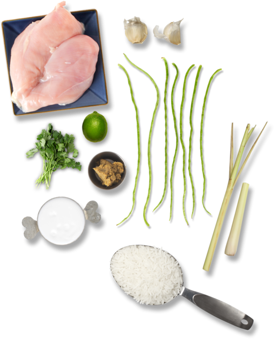 Green Curry Chicken With Jasmine Rice And Long Beans - Dish (587x700), Png Download