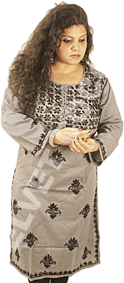 Lucknowi Regular Wear Yoke Kurti- Grey & Black - Girl (576x1000), Png Download
