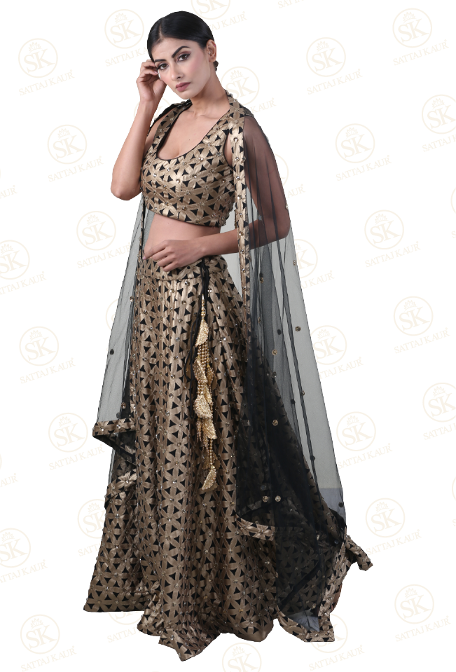 Fearless Black And Gold Patterned Lehenga Choli - Photo Shoot (651x959), Png Download