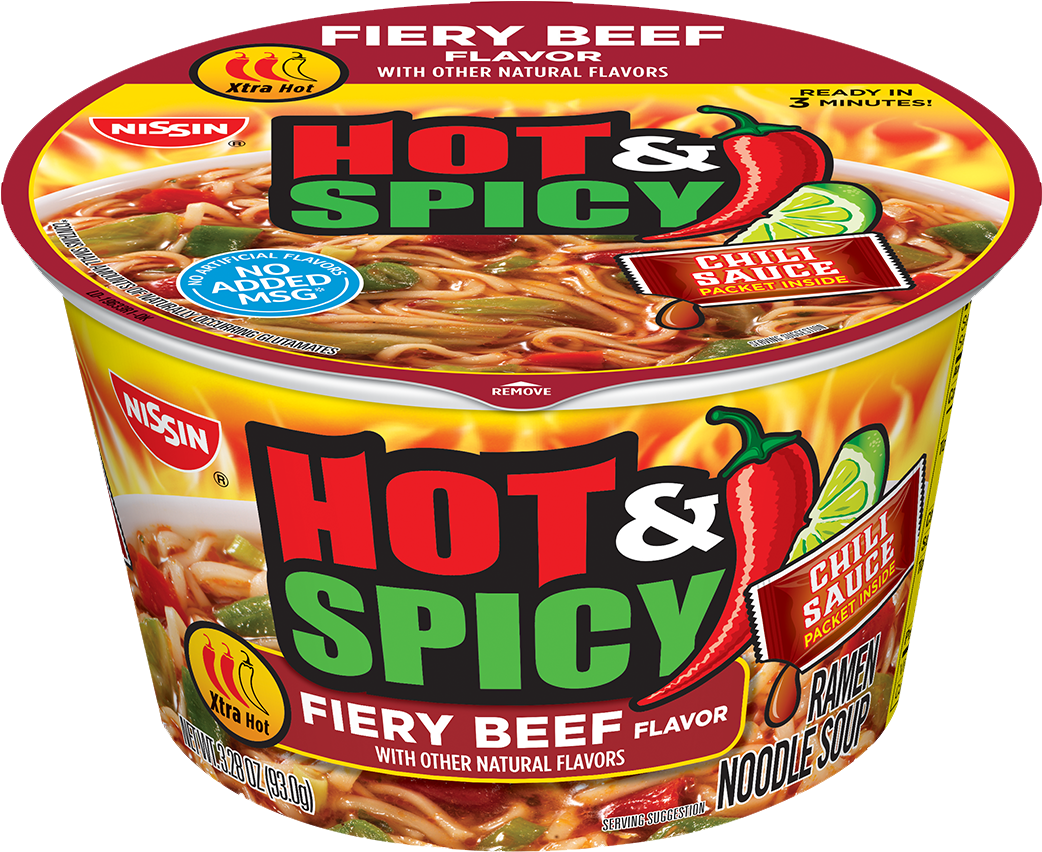 Nissin Bowl Noodles Hot And Spicy Fiery Beef Flavor - Bowl Noodles Hot And Spicy (1230x853), Png Download