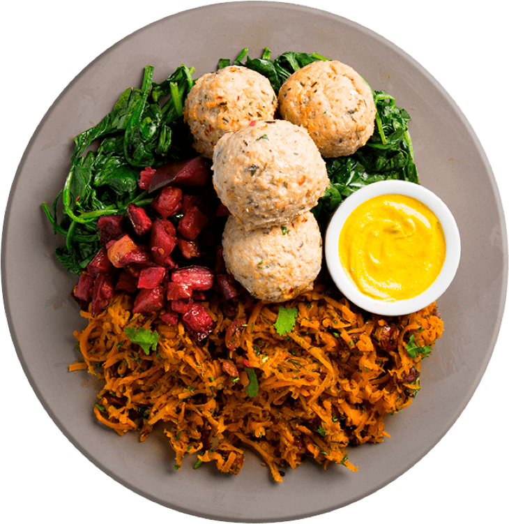 Greek Chicken Meatball Bowl With Turmeric Tahini Sauce - Nasi Campur (730x751), Png Download