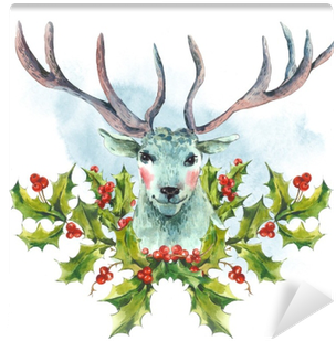 Watercolor Greeting Card, Snow White Deer With Holly - Greeting Card (400x400), Png Download