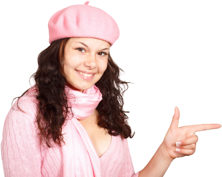 Happy Young Woman Pointing Finger On Copy Space Png - Girl Pointing Finger Png (500x378), Png Download
