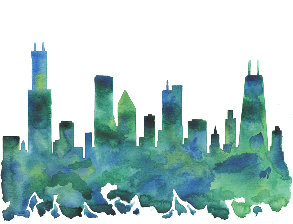 Chicago Skyline Blue Green Watercolor Print - Skyline Blue (1024x819), Png Download