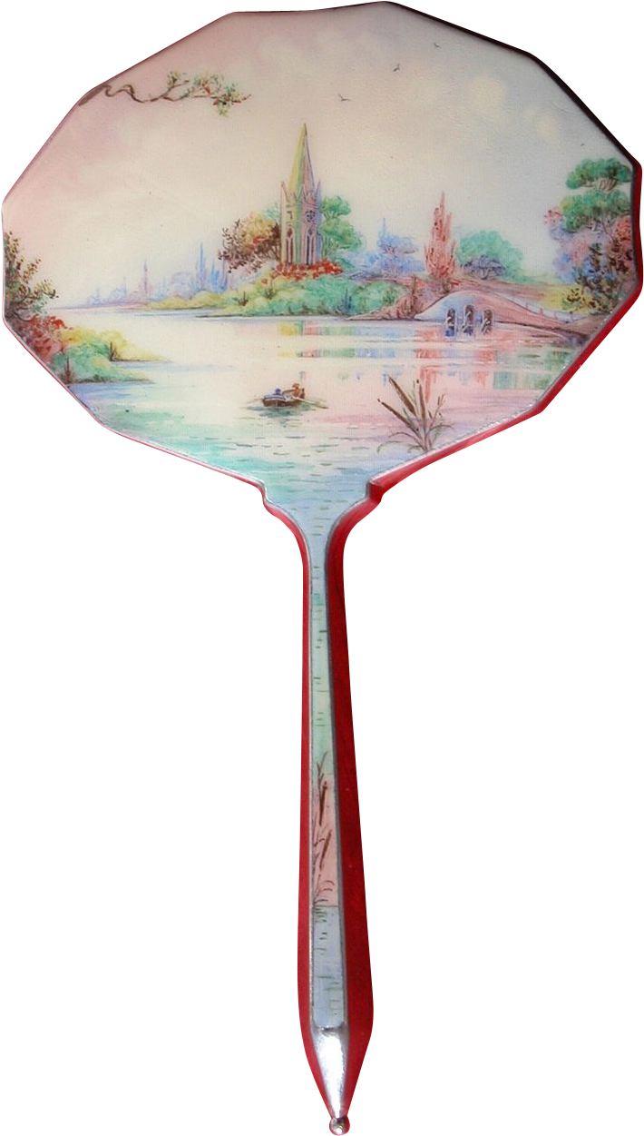 Enamel Hand-painted Hand Mirror 1920's W/ Chrome - Mirror (1279x1279), Png Download
