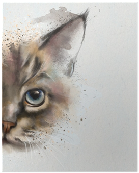 Watercolor Portrait Of A Cat, Half Quizzically At The - Half Cat Face Painting (400x400), Png Download