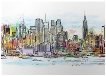 Watercolor Splash With Hand Drawn Sketch Of New York - Skyline (400x400), Png Download