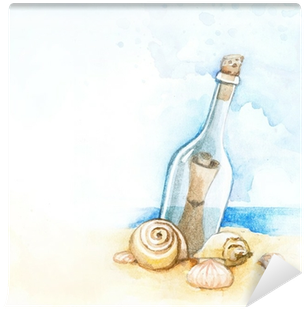 Watercolor Illustration Of Message In A Bottle Wall - Watercolor Message Bottle (400x400), Png Download
