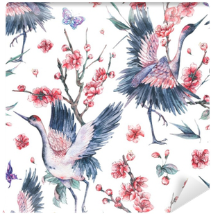 Watercolor Seamless Patern With Crane, Pink Flowers - Watercolor Painting (400x400), Png Download