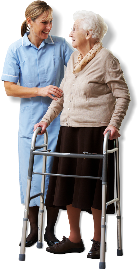 Caregiver Assist The Old Woman While Smiling - Old Woman With Walker Png (473x865), Png Download