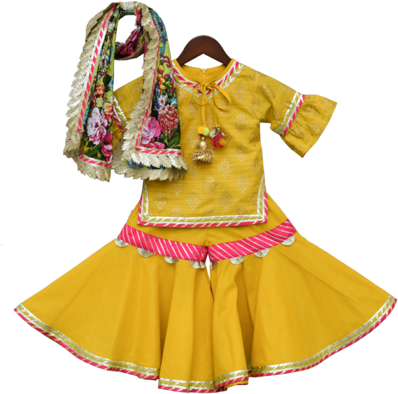 Girls Yellow Foil Print Kurti With Sharara - Costume (637x690), Png Download