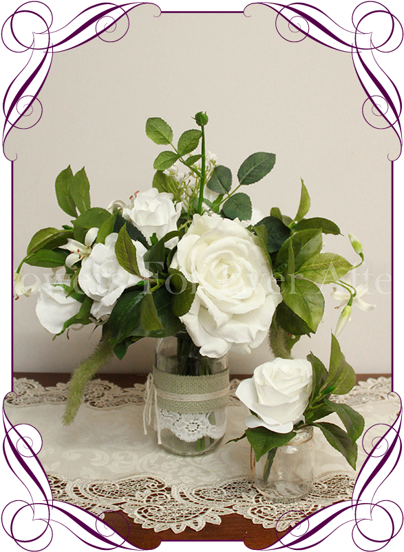 Silk Artificial White Roses And Baby's Breath With - Rustic Fake Cake For Wedding (608x822), Png Download