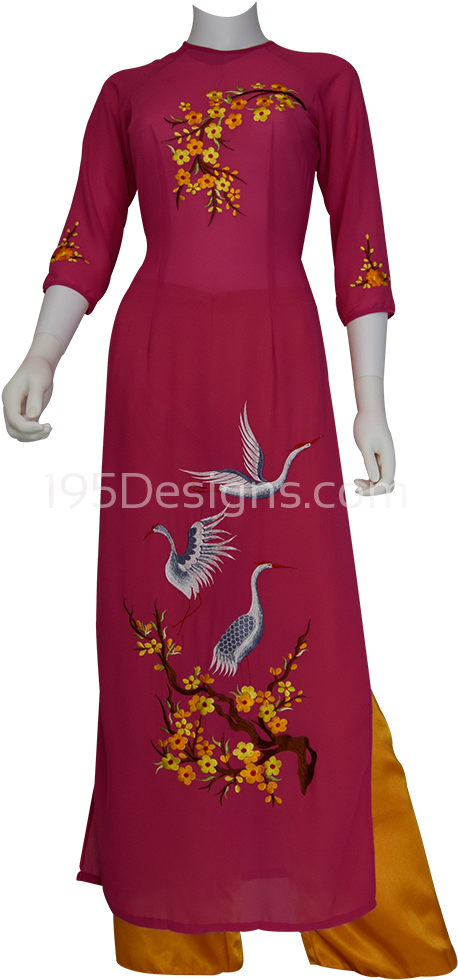 Hot Pink Ao Dai Apricot Blossom Flower Bird New Year - Day Dress (1024x1024), Png Download