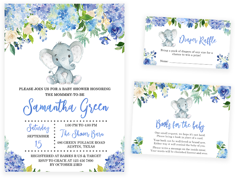 Blue Elephant Floral Baby Shower Invitation Pack - Jasmine (819x1024), Png Download
