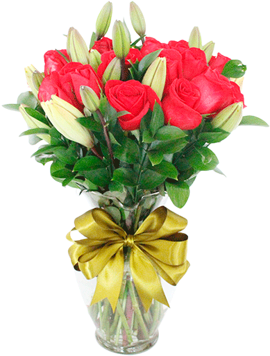 Florero Con 12 Rosas Rojas Y Lilis Blancas - Bouquet (900x600), Png Download
