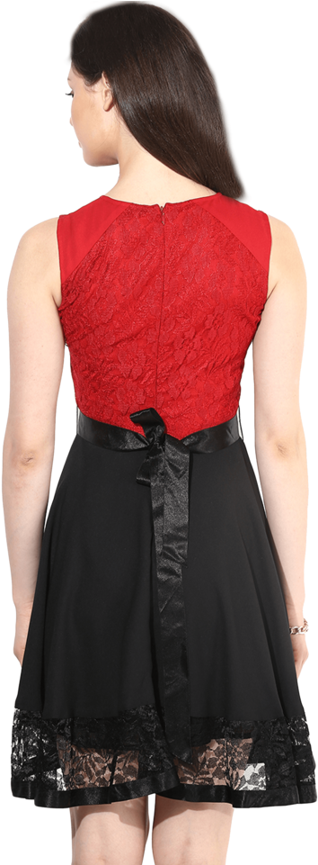 Women Dual-toned Short Dress With Lace Trim - Little Black Dress (640x960), Png Download