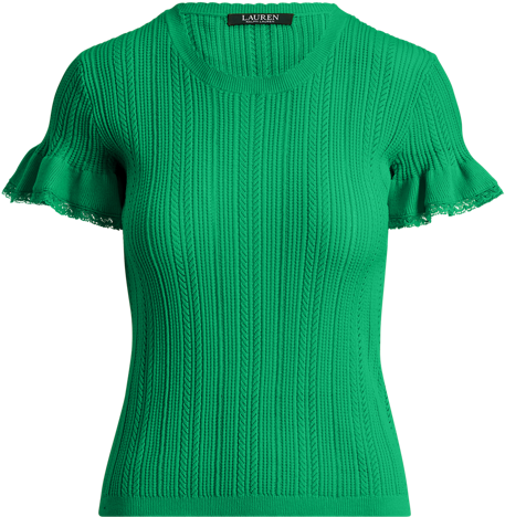 Lace-trim Cotton Sweater Tropical Green For Women - Blouse (506x630), Png Download