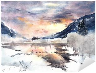 Winter Landscape Mountains Lake Snow Watercolor Painting - Aquarelle Paysages De Neige (400x400), Png Download