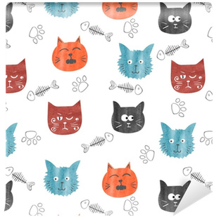 Watercolor Cute Cats Seamless Pattern - Watercolor Painting (400x400), Png Download