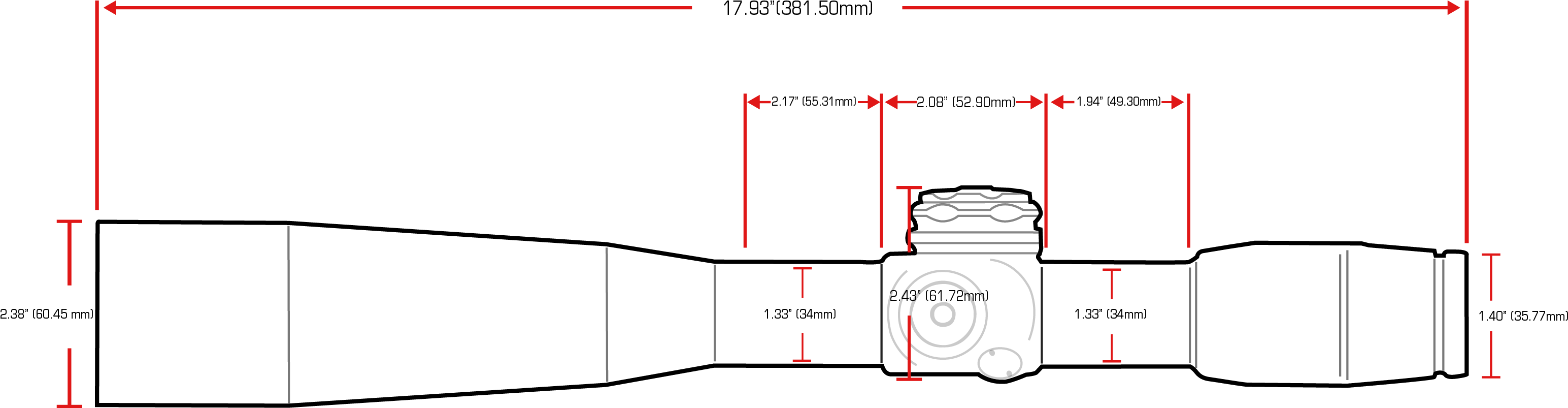 25 Bravo - Us Optics Er25 Dimensions (3179x1042), Png Download