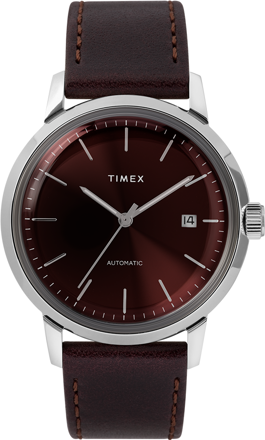 40mm Automatic Leather Strap Watch Burgundy/silver-tone - Timex Marlin Automatic Gold (750x900), Png Download
