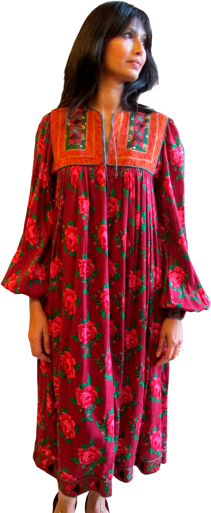 1960-70's Afghani Floral Print Dress With Patchwork - Day Dress (652x1024), Png Download