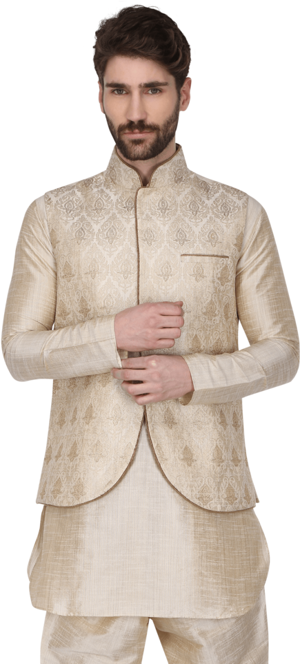 Men Printed Kurta Pyjamas - Standing (640x960), Png Download