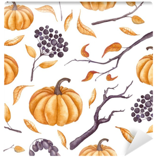 Seamless Pattern Of Watercolor Pumpkins, Leaves And - Watercolor Painting (400x400), Png Download