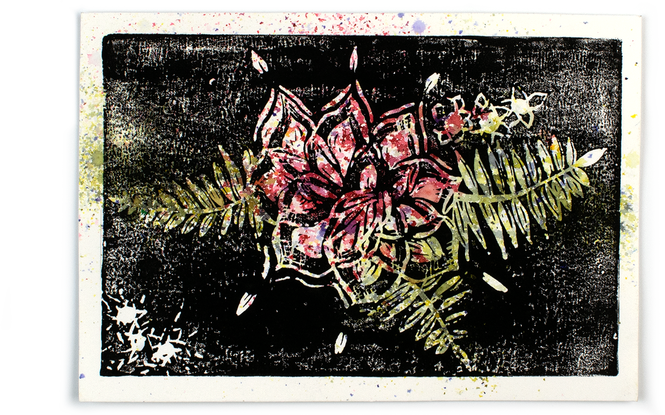 Lino Print Brusho Flower Effect - Flower (1349x843), Png Download