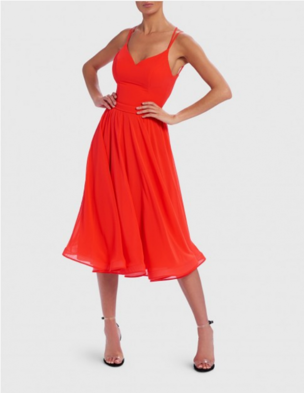 Red Chiffon Skater Midi Dress With Lace-up Back By - Cocktail Dress (800x800), Png Download