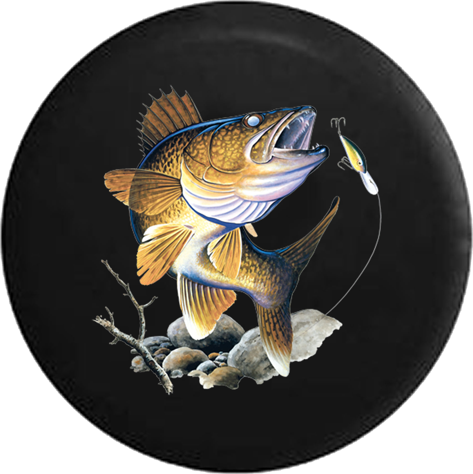 Jumping Fish Biting On Fishing Lure Jeep Camper Spare - Walleye Fish (1800x1804), Png Download