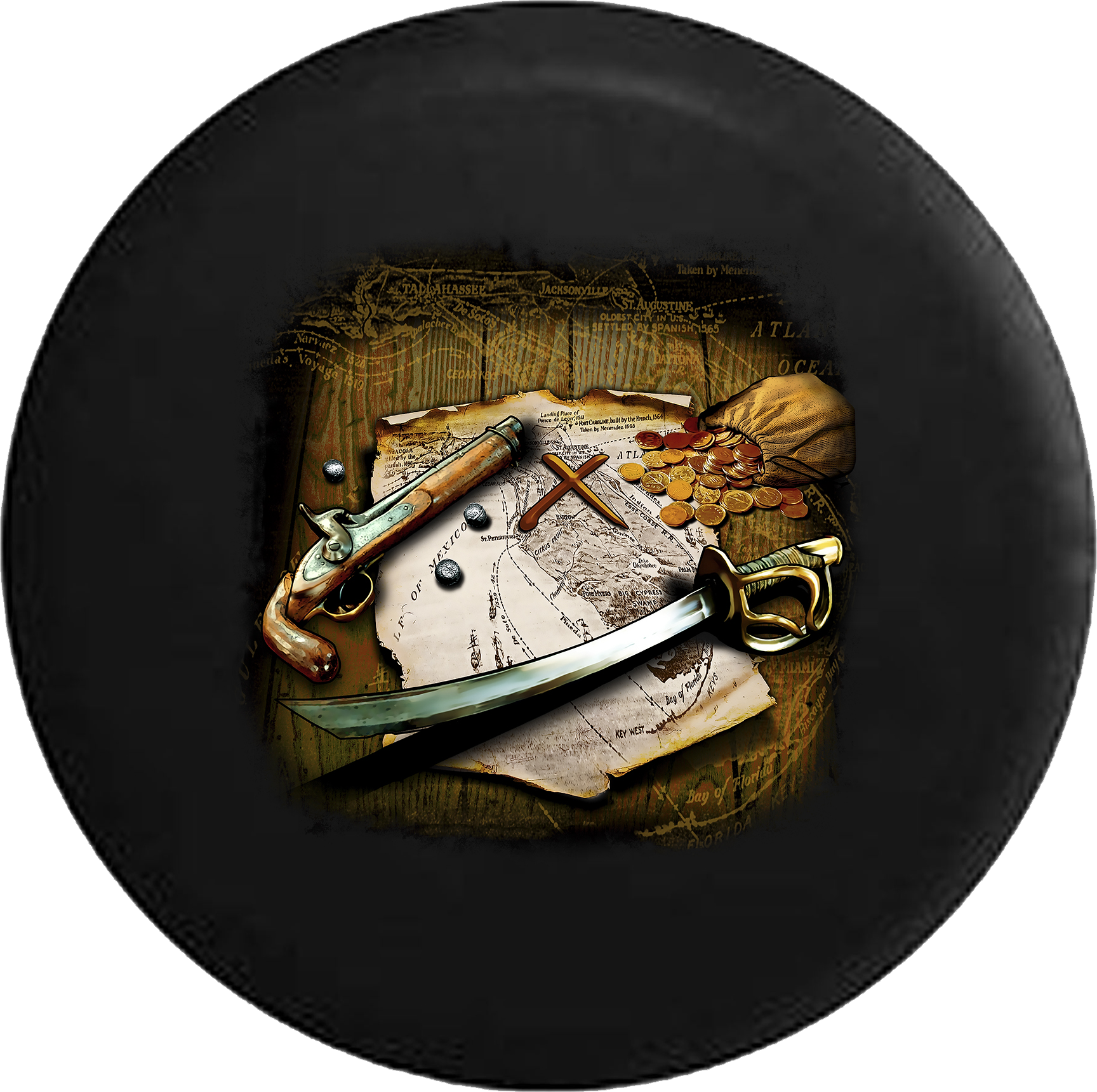 Pirate Ship Sword Gold Treasure Hunting Map - Wall Clock (1728x1721), Png Download