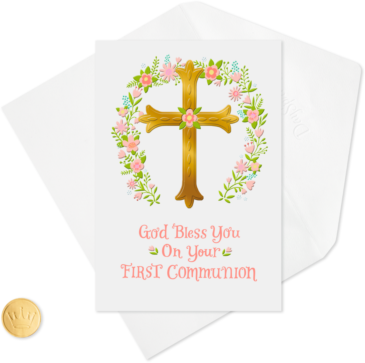 Gold Cross And Pink Flower Wreath First Communion Card (1470x1470), Png Download